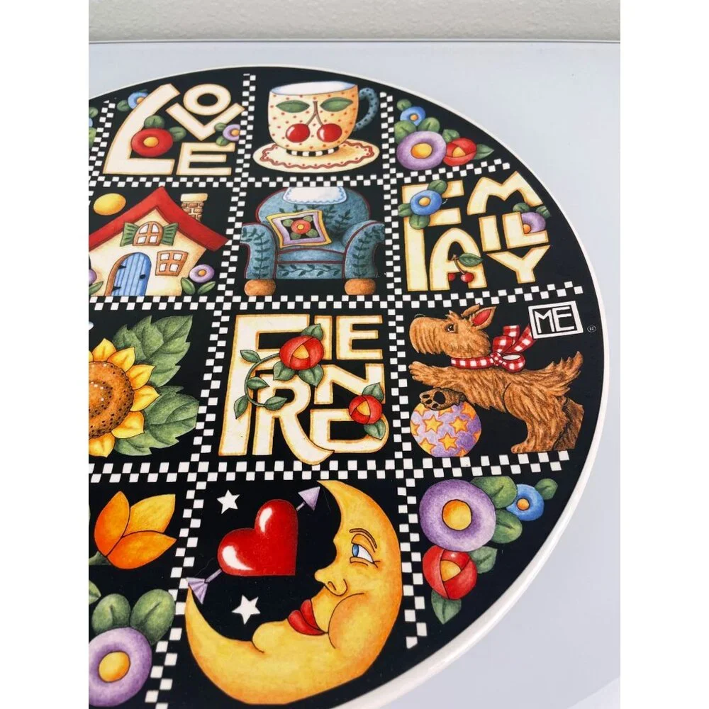 VTG 2000 Santa Barbara Ceramic Design Mary Engelbreit USA Black Platter Floral